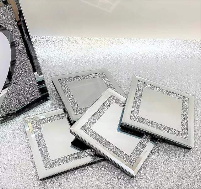 Set of 4 Square Mirrored Crushed Crystal COASTERS Sparkle Table Diamond Glitter