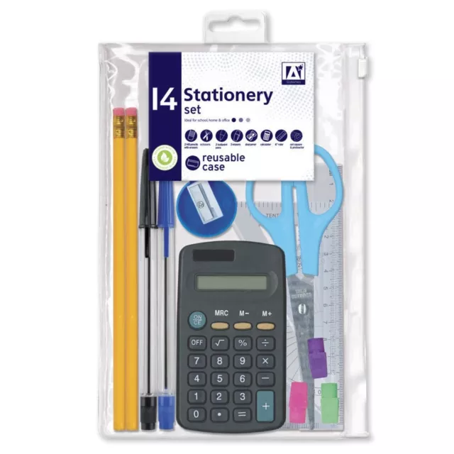 14 Piece Back To School Stationery Maths Set Pens Pencil Case Calculator Scissor