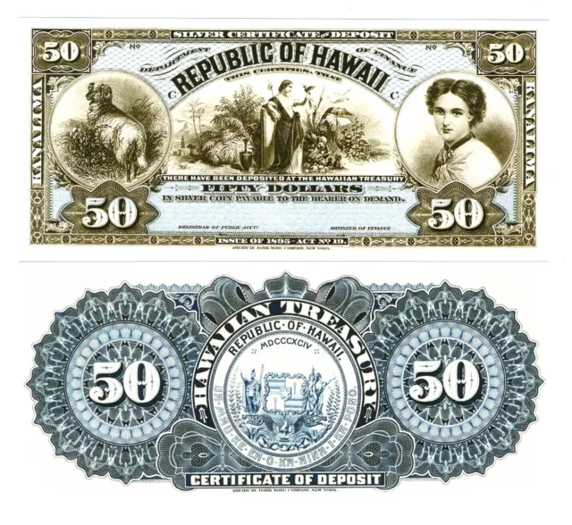 r Paper Reproduction - Hawaii 50 Dollars 1895 Pick #14  1844R