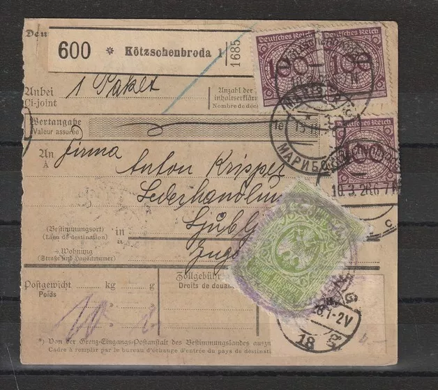 Dt. Reich Paketkarte Kötzschenbroda nach Ljubljana/Jugoslawien, 1926 #1098712