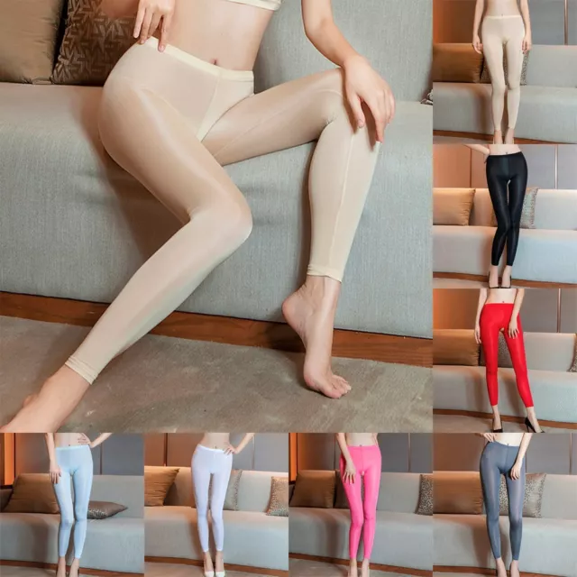 Women See-through Zipper Open Crotch Silky Shiny Leggings Stretch Trousers  Pants