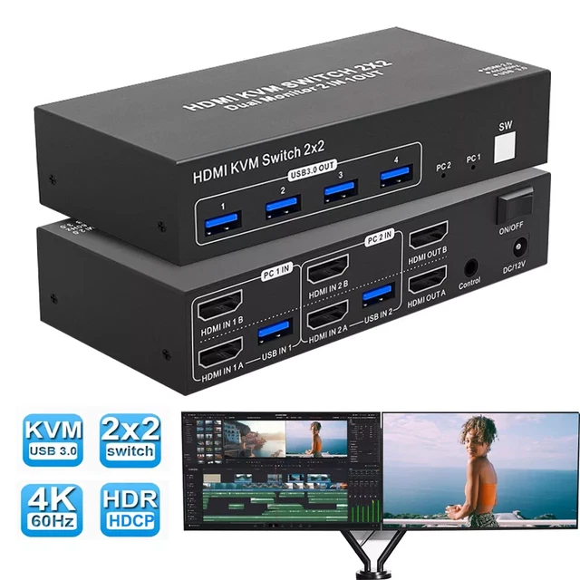 4K 60HZ DUAL Monitor HDMI KVM Switch 2x2 USB 3.0 Extended Display For ...