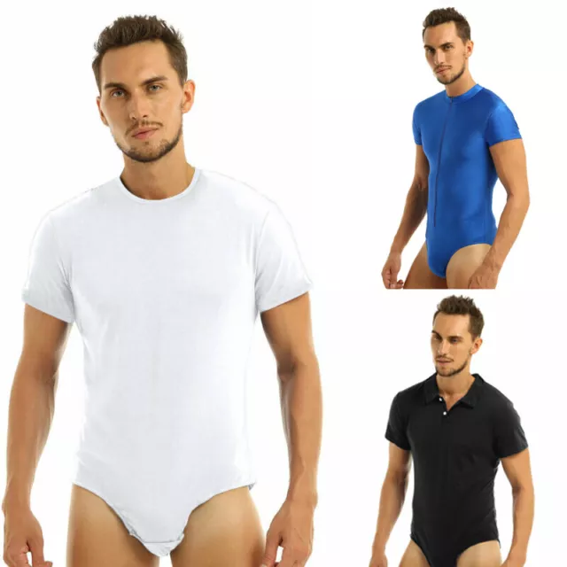 Men Bodysuit Press Button Crotch T shirt Short Sleeve Leotard Undershirt Pajamas