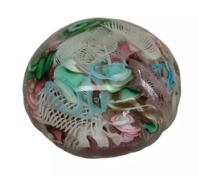 Murano Small Glass Paperweight White Lattice Filigree Colorful Twisted Ribbons