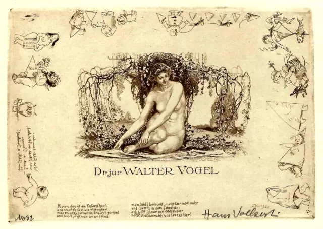 Hans Volkert: Exlibris mit Remarquen / Weibl. Akt unter Weide, Kinder, Hütchen