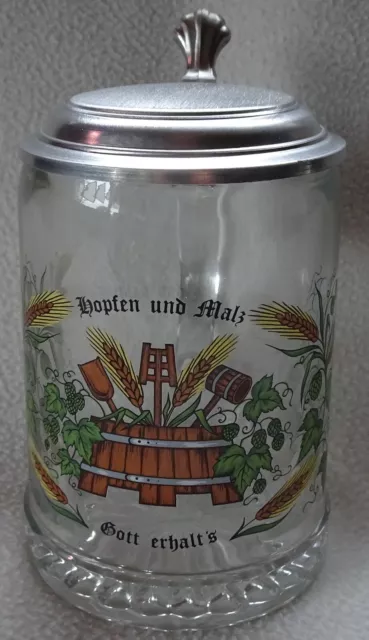 Glasbierkrug Bierkrug mit Zinndeckel - "Hopfen und Malz Gott erhalt's"