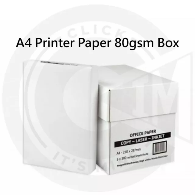 A4 Printer Paper 80gsm Box 2500 Sheets White Inkjet Office School 5 Reams