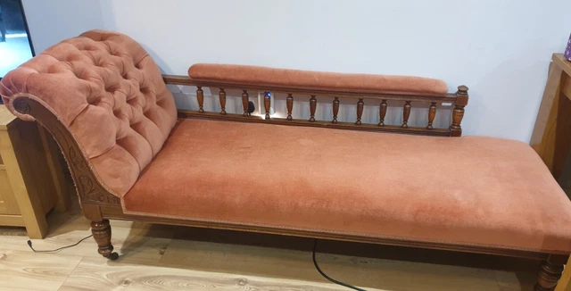 Antique Victorian Edwardian mahogany and black velvet upholstered chaise Lounge