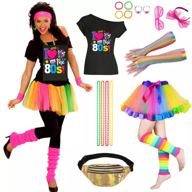 Ladies 80s Costume 1980s Party Girl Tshirt Rainbow Skirt Disco Dancy Accessories