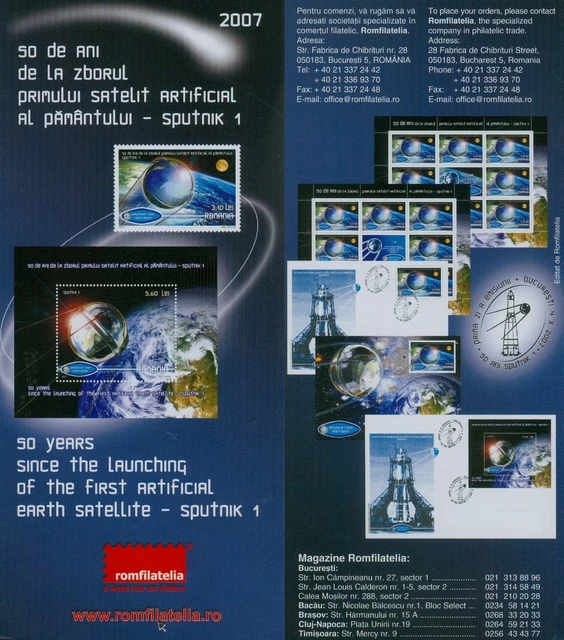 Rumänien 2007 Erdsatelliten,Sputnik 1,Kosmos Mi.6244,Zf.I+II,KB,Block 411,FDC