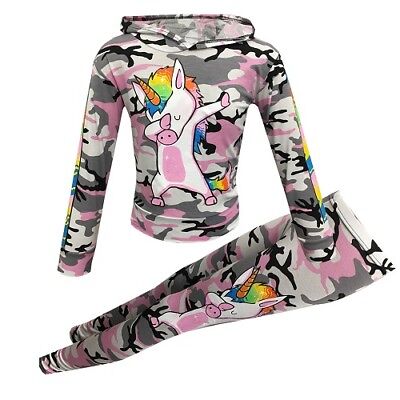 Girls Pink Camouflage Unicorn Dab Floss Outfit Top Leggings Tracksuit Age 7-13