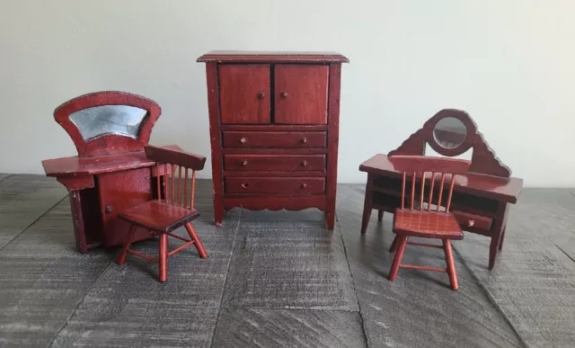 Vintage Cherry Wood Dollhouse Furniture Lot 2 Chairs, Armoire Wardrobe, 2 Vanity