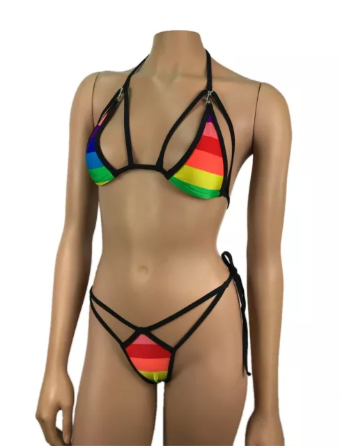 Rainbow Bikini G-String Thong Tie side Triangle Top LGBTQ Rave Outfit  Swimwear