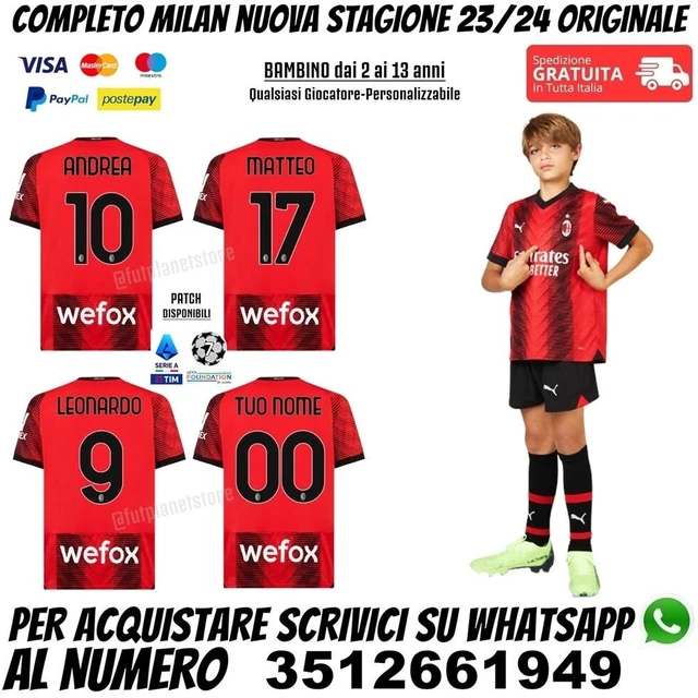 MAGLIA MILAN BAMBINO 2023 2024 Personalizzata Nome Completo Home