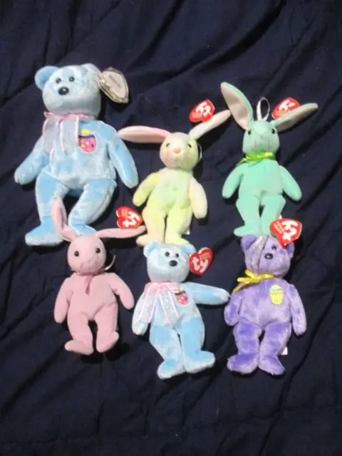 Ty Beanie Baby Lot Of 5 Basket Beanie Bunny’s And Bear & 1 Easter Bear