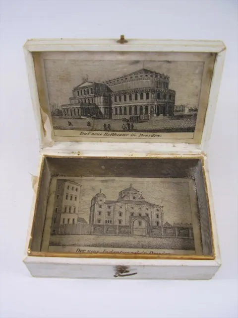 Antike kleine Biedermeier Dose mit Seiden Bildern Dresden Ansichten um 1860