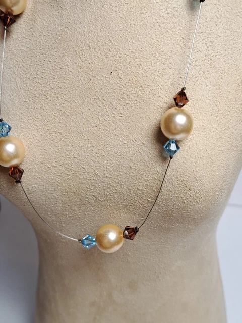 Amber Crystal Fuax Pearl Beaded Necklace Vintage 50's Beautiful