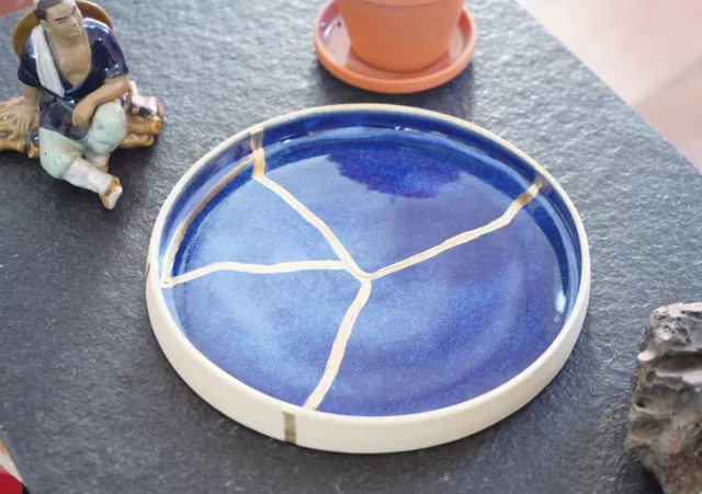 18K Gold Kintsugi Plate Japanese Ceramic Kintsugi Handmade Dish - Deep Blue