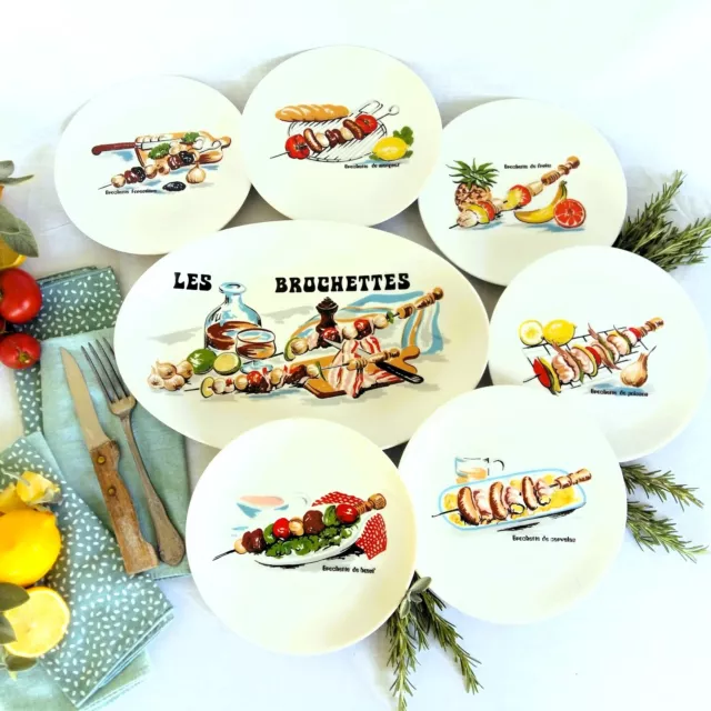 Set of SEVEN French BBQ Plates. Mid Century Modern/ Retro Barbecue Grill Plates