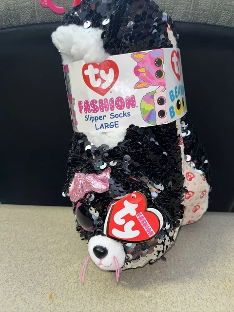 TY BEANIE BOO'S Medium Kiki Kitty Cat Black Fashion Slipper Socks Sequin Plush
