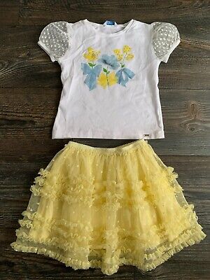 Mayoral Girls - White,Lemon & Blue Tulle Frilled Skirt & Floral Top- Age 4 Years