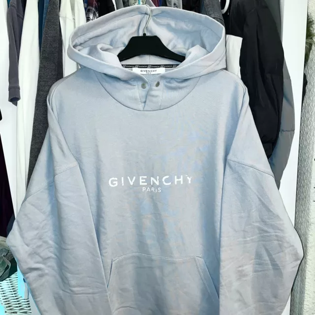 New Givenchy Faded Logo Oversized Washed Hoodie Sweatshirt Light Blue S Small