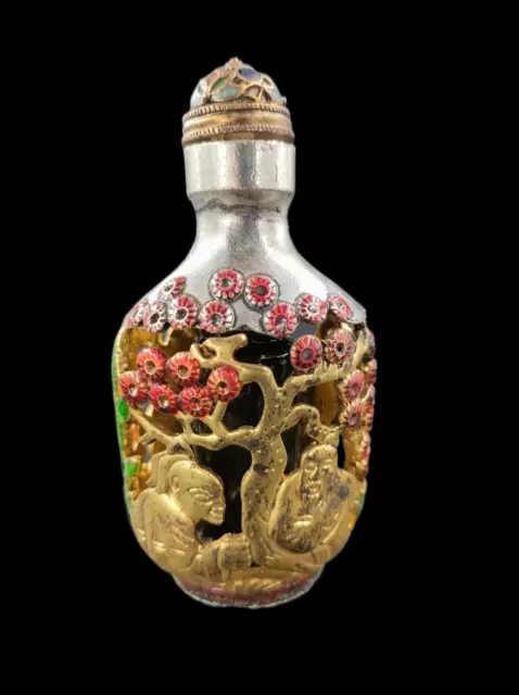 Colección Antigua Tallada Cloisonne Mosaico Plata Personaje Historia Botella de Tapé
