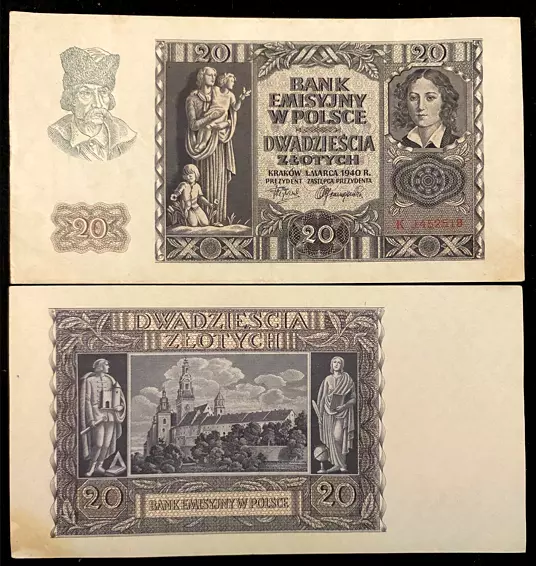 Poland 20 Zlotych 1940 P95 Banknote World Paper Money Collectors Circulated Fine