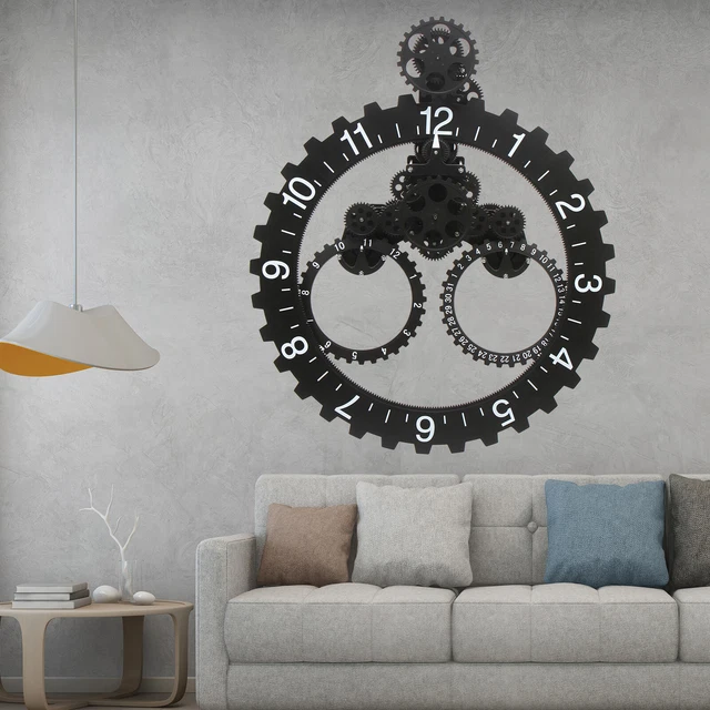 27& WALL CLOCK Industrial Black Metal Gear Mechanical Moving Gear Wall