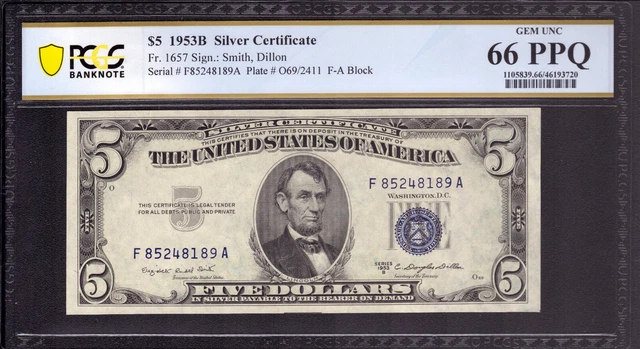 1953 B $5 Silver Certificate Note Fr.1657 Fa Block Pcgs B Ge Unc 65 Ppq