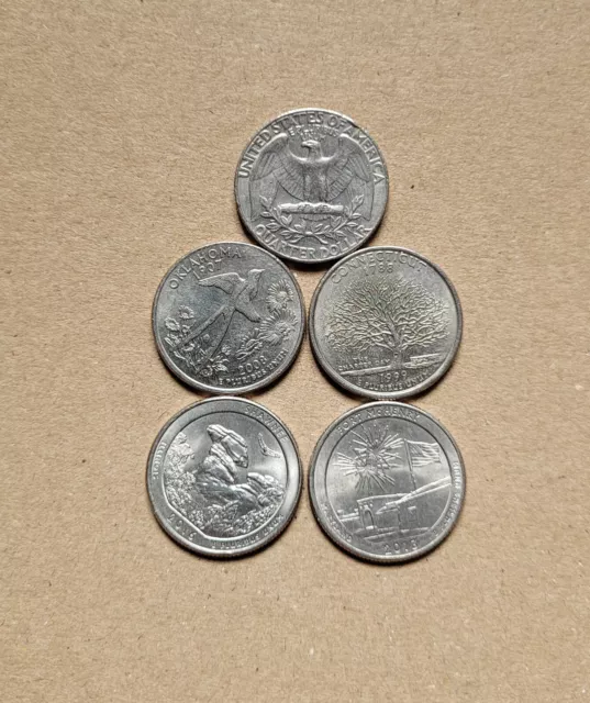 Lotto monete 5 pezzi quarter dollar 1/4 $ Stati Uniti USA OKLAHOMA ILLINOIS