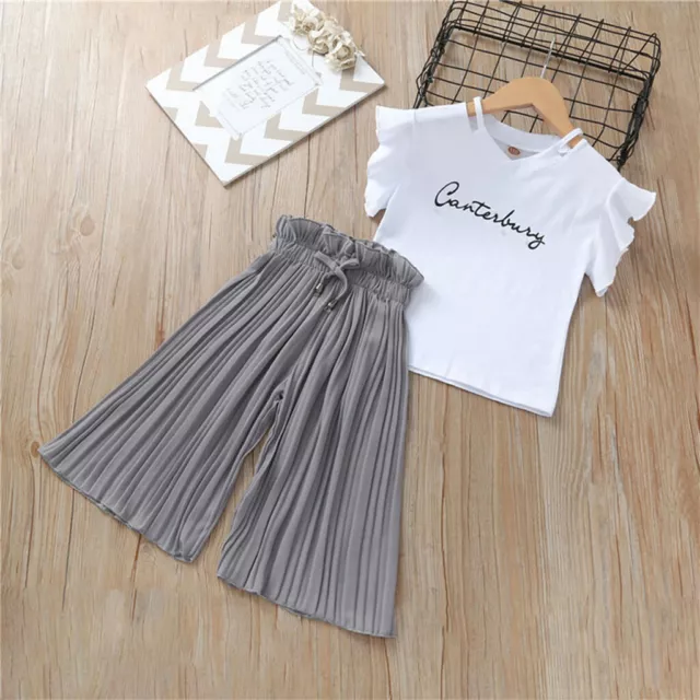 Summer Kids Baby Girls Letter Clothes T Shirt Tops + Ruffle Loose Pants Outfits