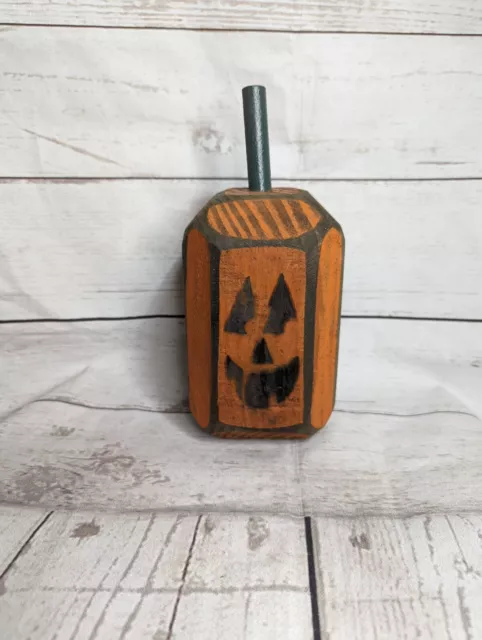Carved Wooden Pumpkin Jack O Lantern Handmade 8.5" h Halloween Autumn Fall