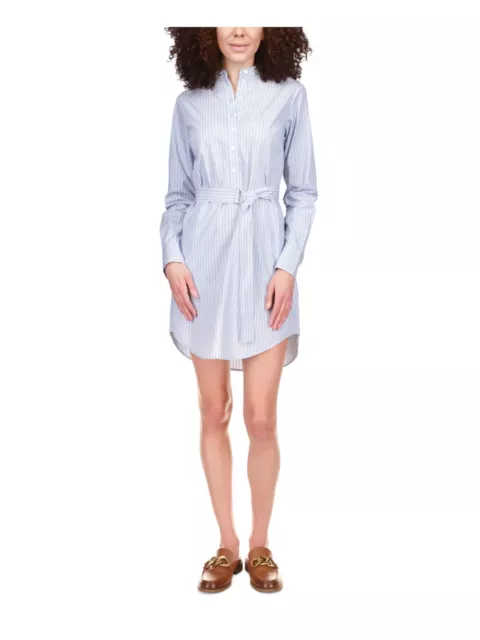 MICHAEL KORS Womens Blue Belted Curved Hem Button Front Short Shirt Dress M