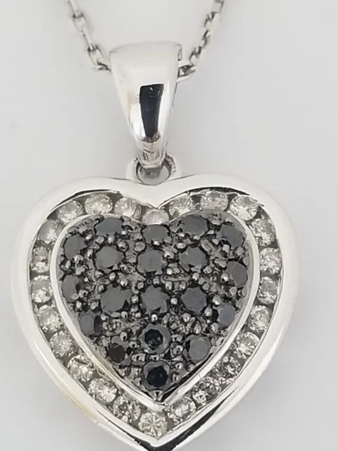 14k White Gold Diamond Heart Necklace Black and White Diamonds 18" Cable Chain