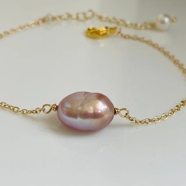 Bracelet En Perles D'eau Douce Naturelles Et Laiton Doré à L'or Fin - Fait Main, Neuf Avec étiquettes, Rose-Mimosa