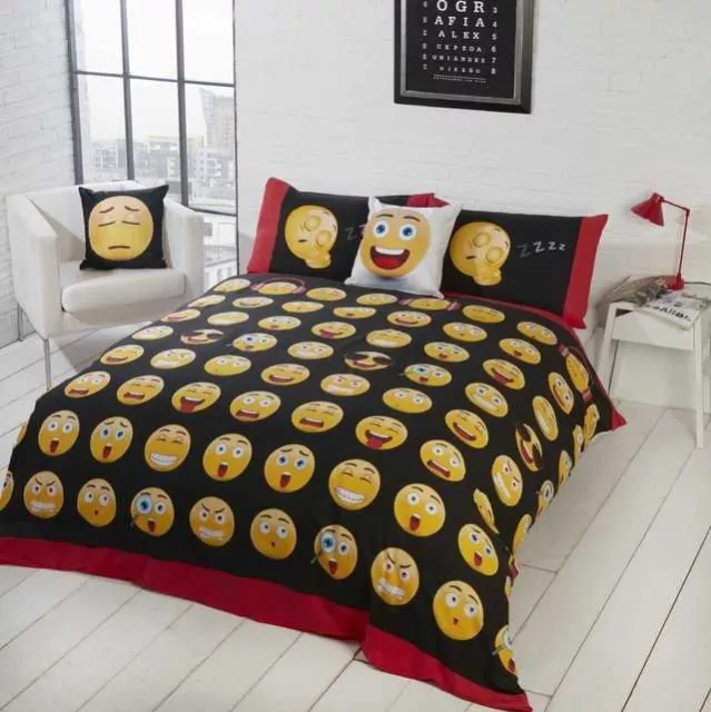 Icons Text Emoji Funny Faces Reversible Soft Polycotton Duvet Cover Set