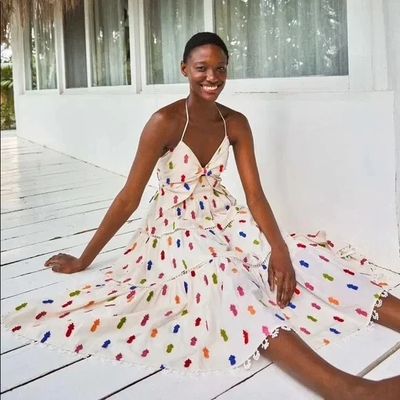Nwt Anthropologie Farm Rio Embroirdered Pineapple Halter Tiers Midi Dress M $298