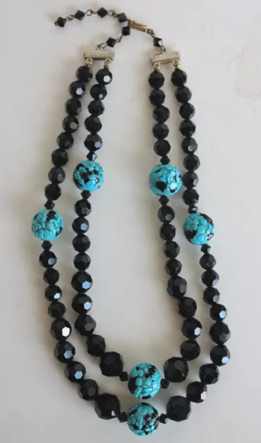 Vtg Black Czech Crystal  Turquoise Colored  Glass Two Strand Necklace