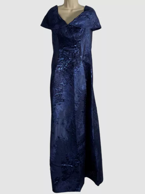 $795 Rickie Freeman for Teri Jon Women's Blue Jacquard Draped Gown Dress Size 14