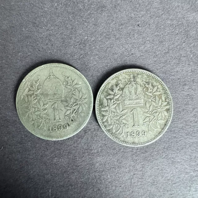 2 x Österreich Kaiserreich 1 Krone 1899 Silbermünze - Franz Joseph I. 1848-1916.