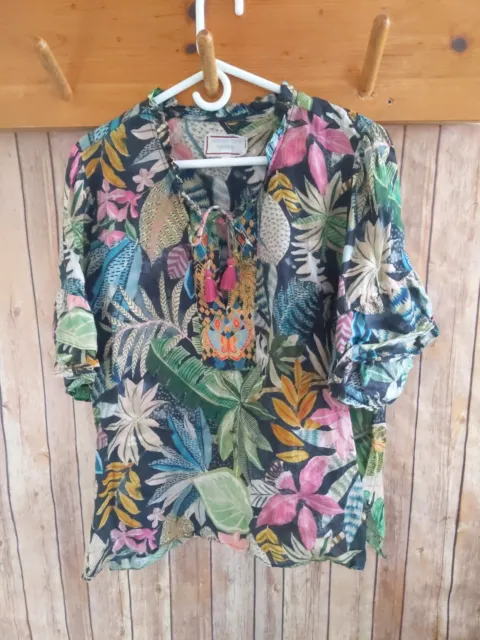 Johnny Was Workshop Floral Palm Embroidered Tunic Blouse Size Large