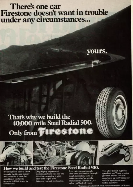 1974 Vintage Print Ad Firestone 40,000 mile Steel Radial 500 Bridge Tires