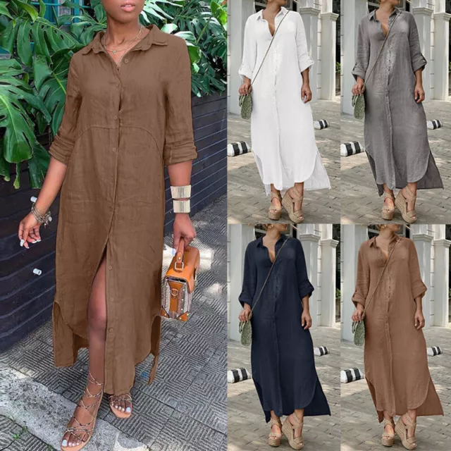 Abito Estivo Da Donna In Caftano Con Scollo A V Casual Lungo In Cotone Lino -