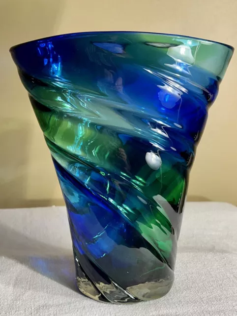 Blue Green Swirl Clear Cased Hand Blown Art Glass Vase 9”tall Unmarked
