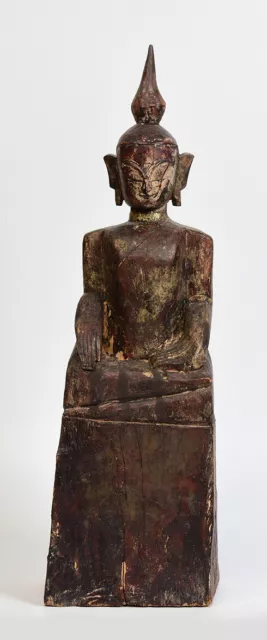 18th Century, Shan, Antique Tai Lue Burmese Wooden Seated Buddha