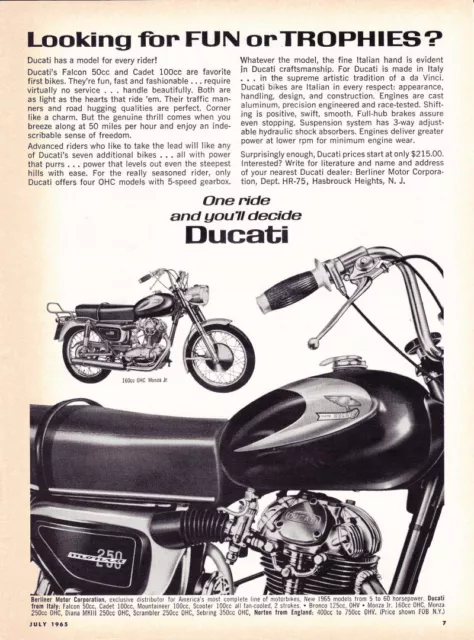 1965 DUCATI 160cc MONZA JR / 250cc MONZA MOTORCYCLE ~  ORIGINAL PRINT AD