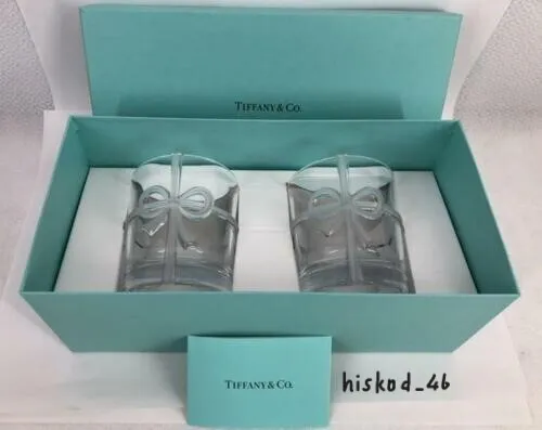 Tiffany & Co. Bow Glass Pair Ribbon Tie Cup Set 215ml W/ Blue Box Gift New Japan