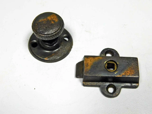 Antique Cupboard Cabinet Catch w/ Turn Knob & Latch Cast Iron Original Finish