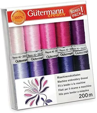 Gutermann Ebroidery Thread Box Set Rayon 40: 200m Pack of 10 - Pinks/Purples